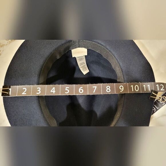 Chico's Woman's Classic Fedora Hat Dark Blue 100% Wool Tan & Gold Trim ~7.5 in - Picture 6 of 11